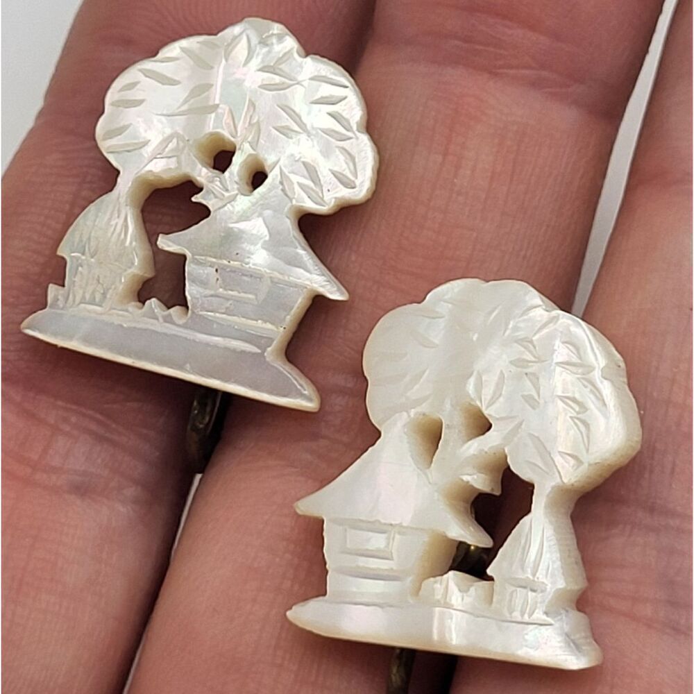 Vintage Carved Mother of Pearl Screwback Earrings 1920s 30s Carved Art Deco 1in
